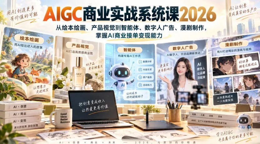 AIGC商业实战系统课2026,从绘本绘画、产品视觉到智能体、数字人广告、漫剧制作,掌握AI商业接单变现能力-副业吧