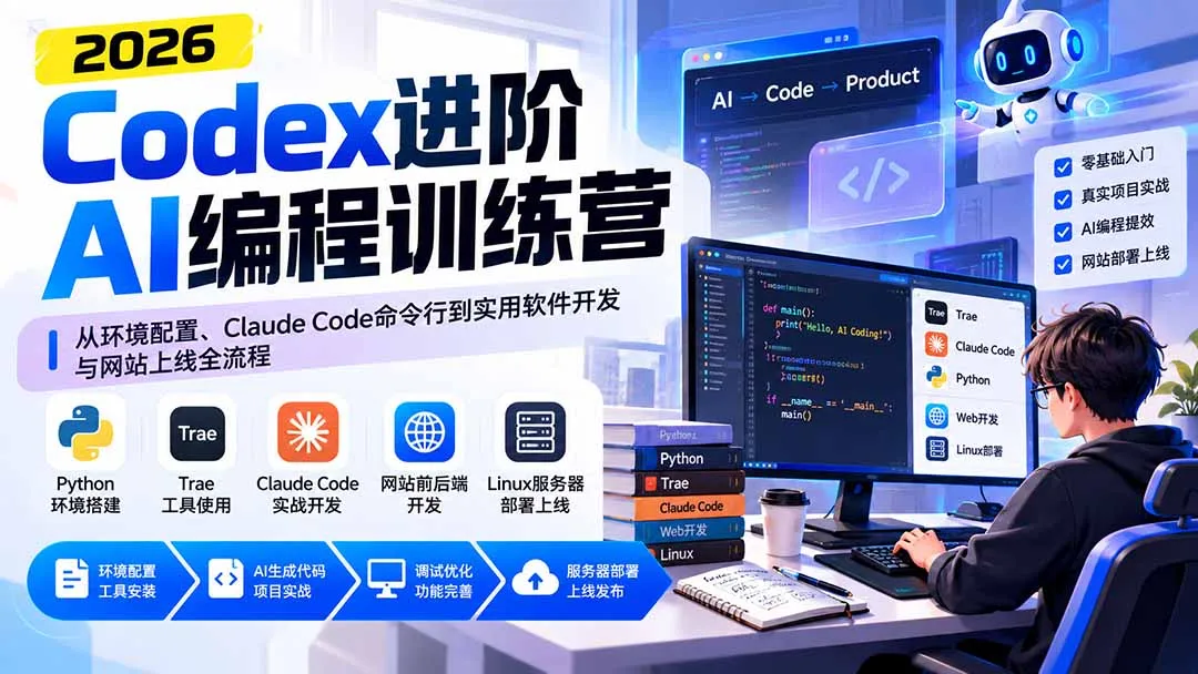 Codex进阶AI编程训练营:从环境配置、Claude Code命令行到实用软件开发与网站上线全流程-副业吧