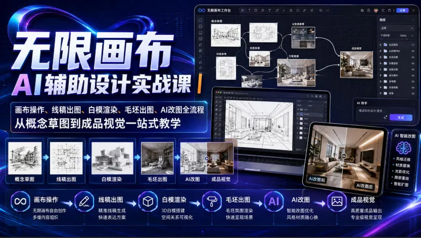 无限画布AI辅助设计实战课｜画布操作、线稿出图、白模渲染、毛坯出图、AI改图全流程，从概念草图到成品视觉一站式教学-副业吧