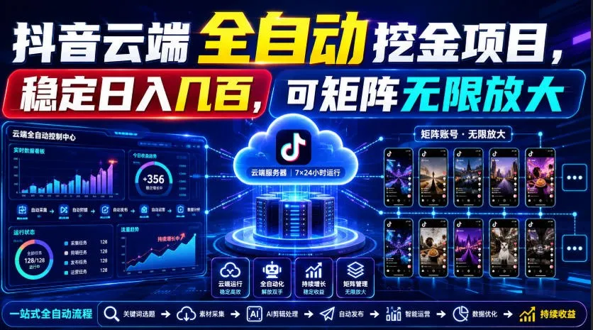 Dy云端全自动挖金项目，稳定日入几百，可矩阵无限放大！-副业吧