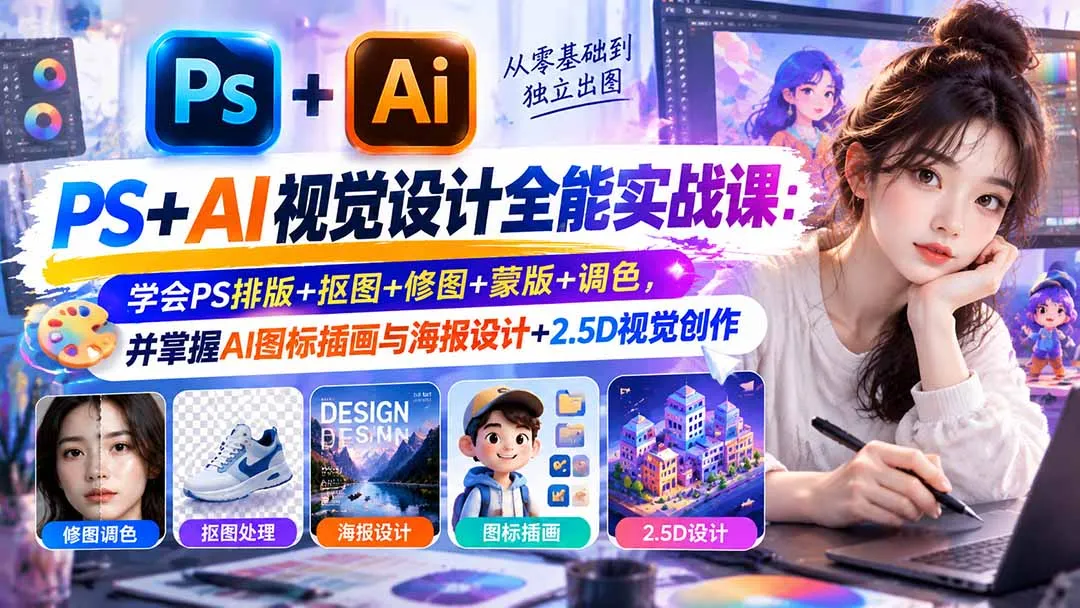 【无水印】PS+AI视觉设计全能实战课：学会PS排版+抠图+修图+蒙版+调色，并掌握AI图标插画与海报设计+2.5D视觉创作-副业吧
