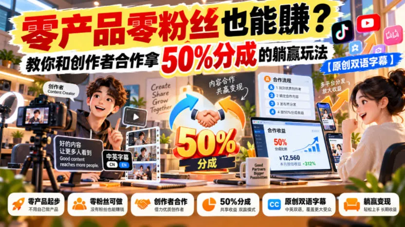 【无水印】零产品零粉丝也能賺？教你和创作者合作拿50%分成的躺赢玩法【原创双语字幕】-副业吧