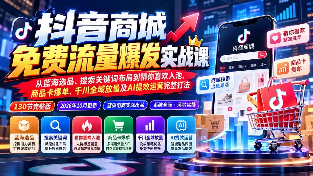 抖音商城免费流量爆发实战：从蓝海选品、搜索关键词布局到猜你喜欢入池、商品卡爆单、千川全域放量及AI提效完整打法-副业吧