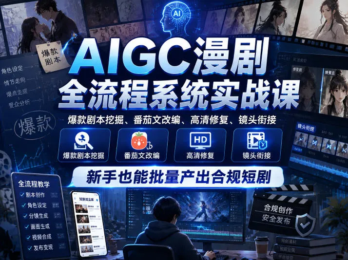 AIGC漫剧全流程系统实战课，爆款剧本挖掘、番茄文改编、高清修复、镜头衔接，新手也能批量产出合规短剧-副业吧
