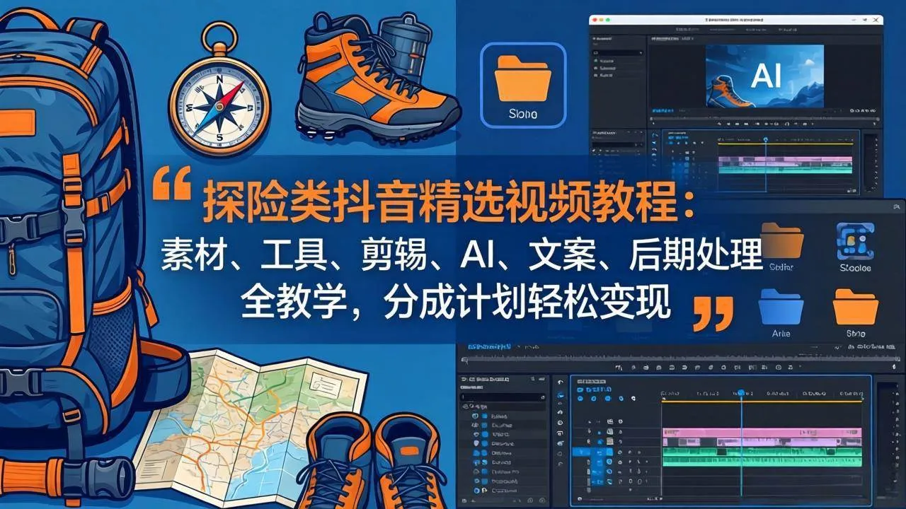 （17994期）探险类抖音精选视频教程：素材、工具、剪辑、AI、文案、后期处理全教学，分成计划轻松变现-副业吧