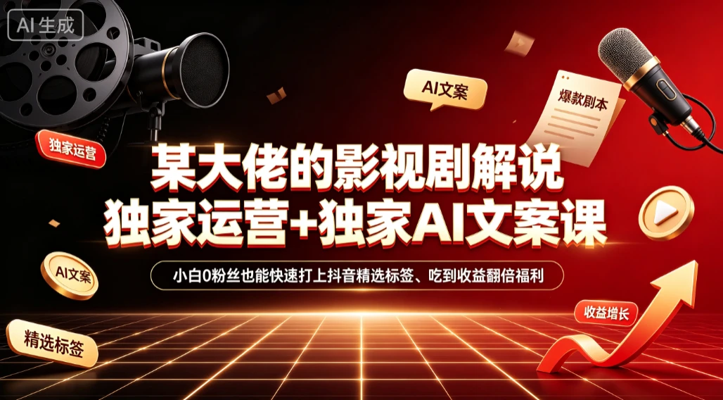【精】某大佬的影视剧解说独家运营+独家AI文案课,小白0粉丝也能快速打上抖音精选标签、吃到收益翻倍福利-副业吧