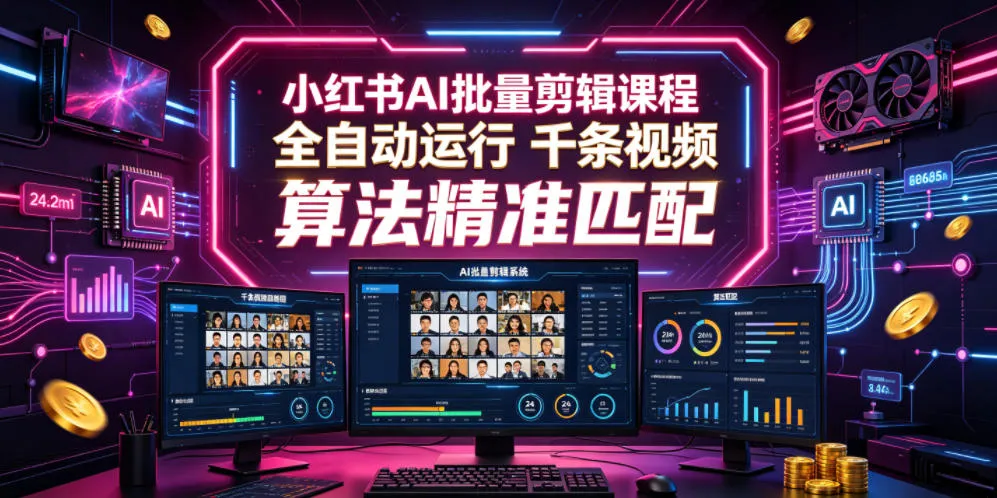 小红书AI批量剪辑课程,24小时全自动运行,解放双手专注运营,千条视频批量处理,小红书算法精准匹配-副业吧