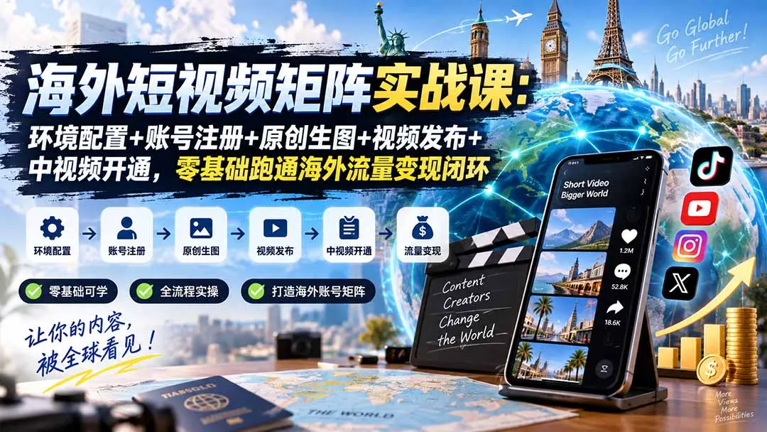 海外短视频矩阵实战课:环境配置+账号注册+原创生图+视频发布+中视频开通,零基础跑通海外流量变现闭环-副业吧