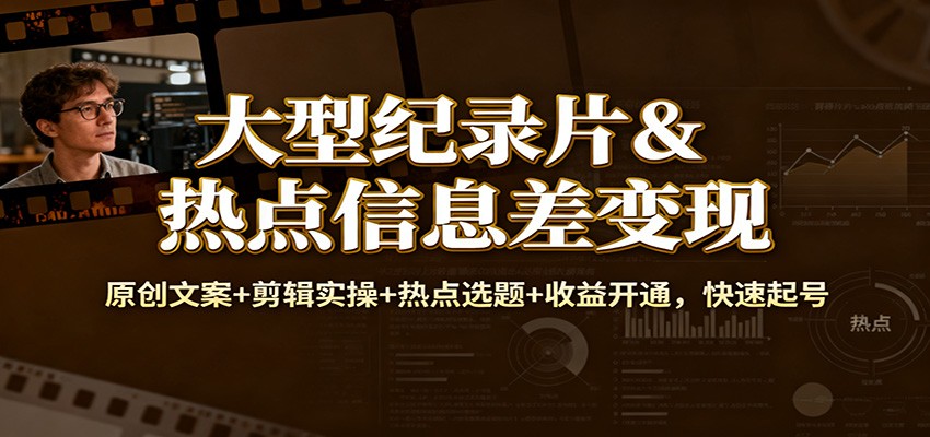 大型纪录片&热点信息差变现：原创文案+剪辑实操+热点选题+收益开通，快速起号-副业吧
