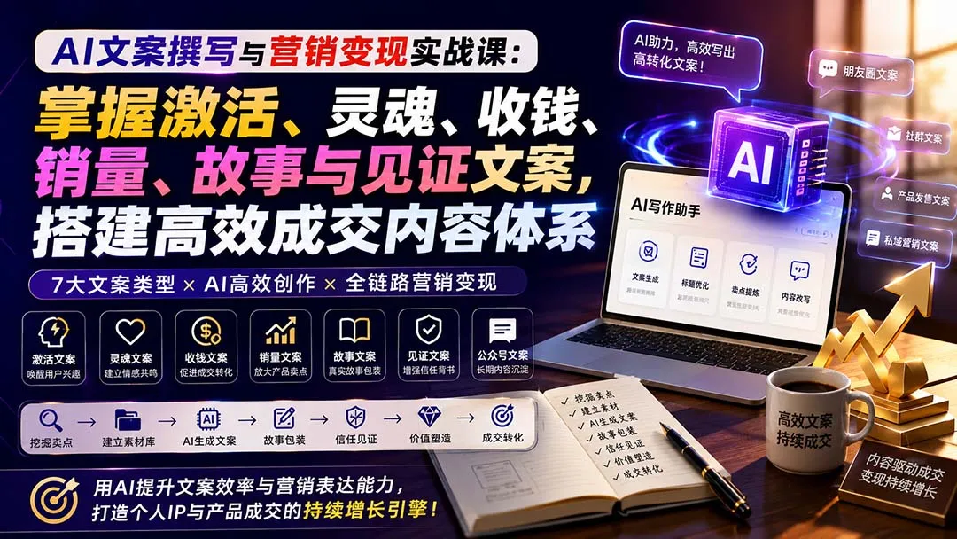 AI文案撰写与营销变现实战课:掌握激活、灵魂、收钱、销量、故事与见证文案,搭建高效成交内容体系-副业吧