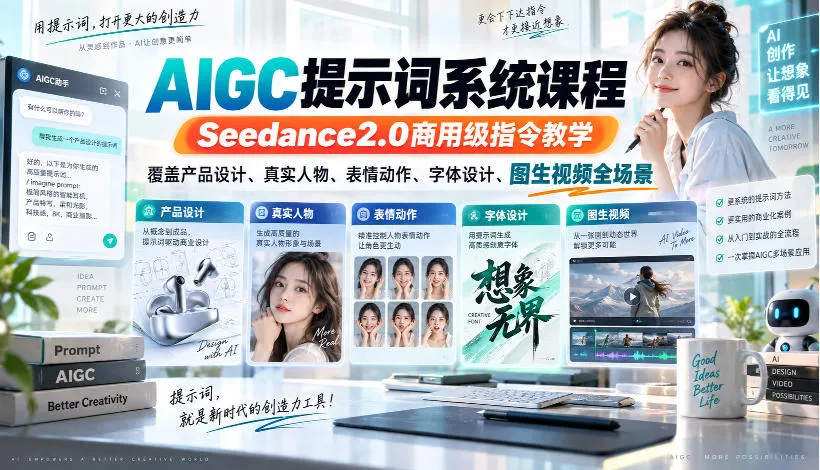 AIGC提示词系统课程,Seedance2.0商用级指令教学,覆盖产品设计、真实人物、表情动作、字体设计、图生视频全场景-副业吧