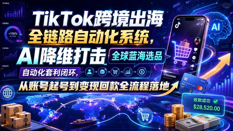 TikTok跨境出海全链路自动化系统,AI降维打击全球蓝海选品自动化套利闭环,从账号起号到变现回款全流程落地(2026年7月)-副业吧