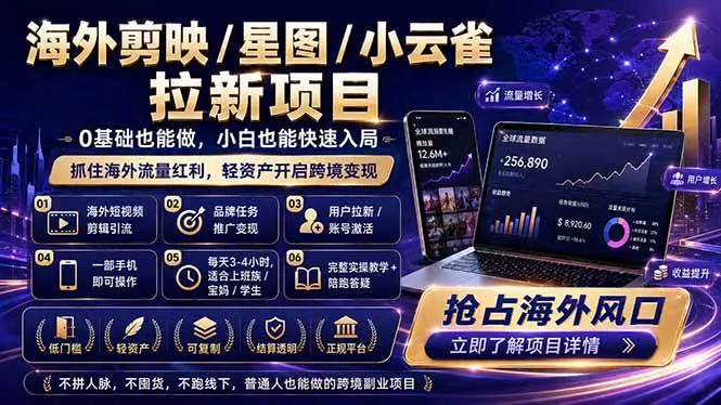 (18567期)海外剪映 / 星图 / 小云雀拉新项目 普通人也能上手的跨境流量变现副业-副业吧
