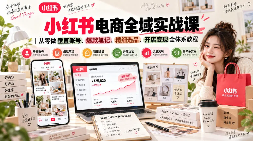 小红书电商全域实战课|从零做垂直账号、爆款笔记、精细选品、开店变现全体系教程-副业吧