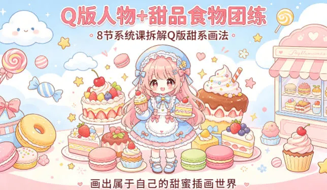 Q版人物+甜品食物团练，8节系统课拆解Q版甜系画法，画出属于自己的甜蜜插画世界-副业吧