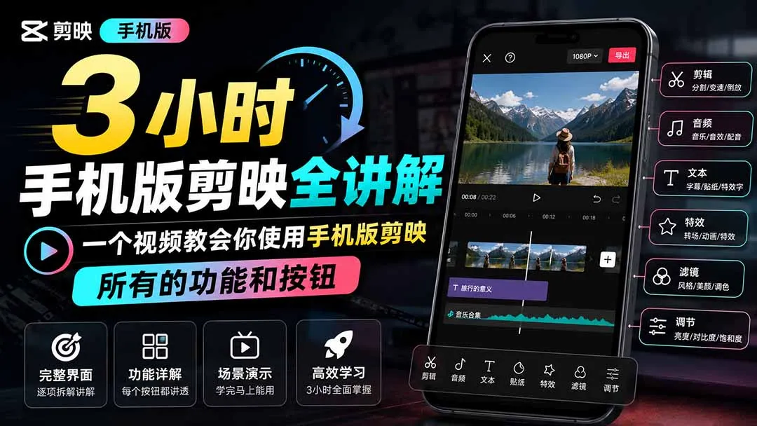 3小时手机版剪映全讲解,一个视频教会你使用手机版剪映,所有的功能和按钮-副业吧