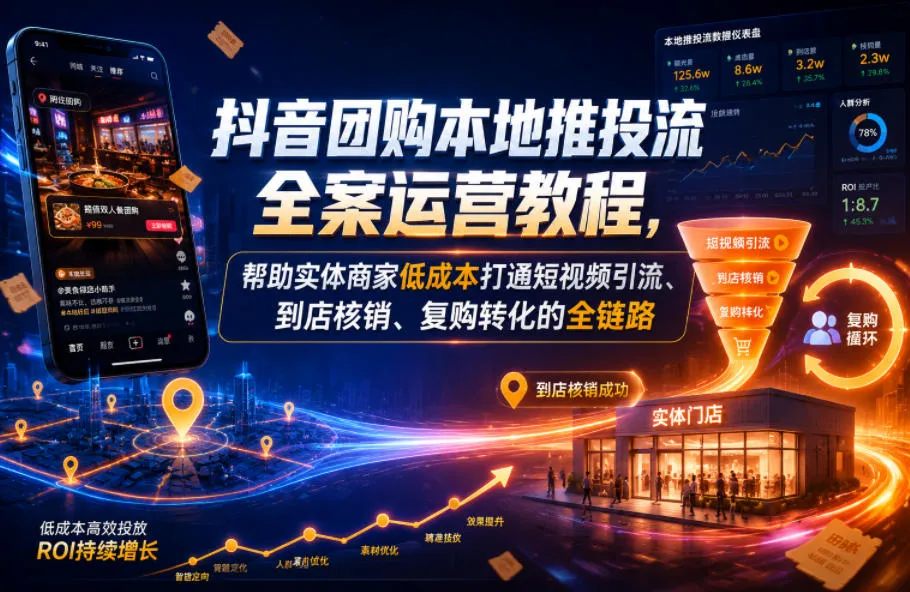 抖音团购本地推投流全案运营教程,帮助实体商家低成本打通短视频引流、到店核销、复购转化的全链路-副业吧