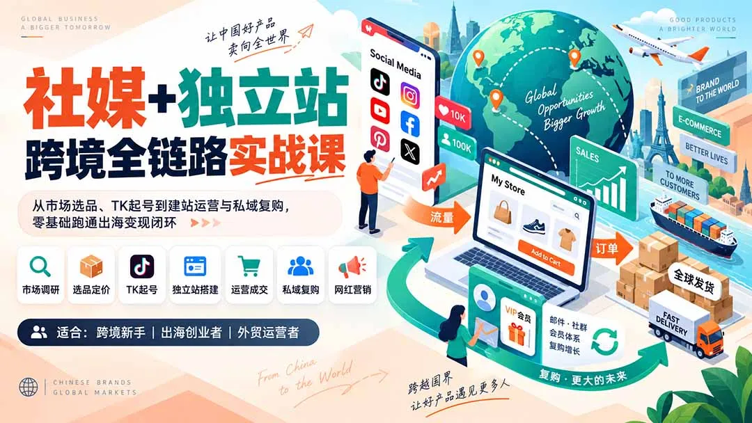 社媒+独立站跨境全链路实战课:从市场选品、TK起号到建站运营与私域复购,零基础跑通出海变现闭环-副业吧