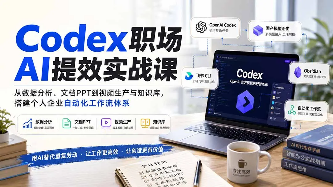 【精】Codex职场AI提效实战课:从数据分析、文档PPT到视频生产与知识库,搭建个人企业自动化工作流体系-副业吧