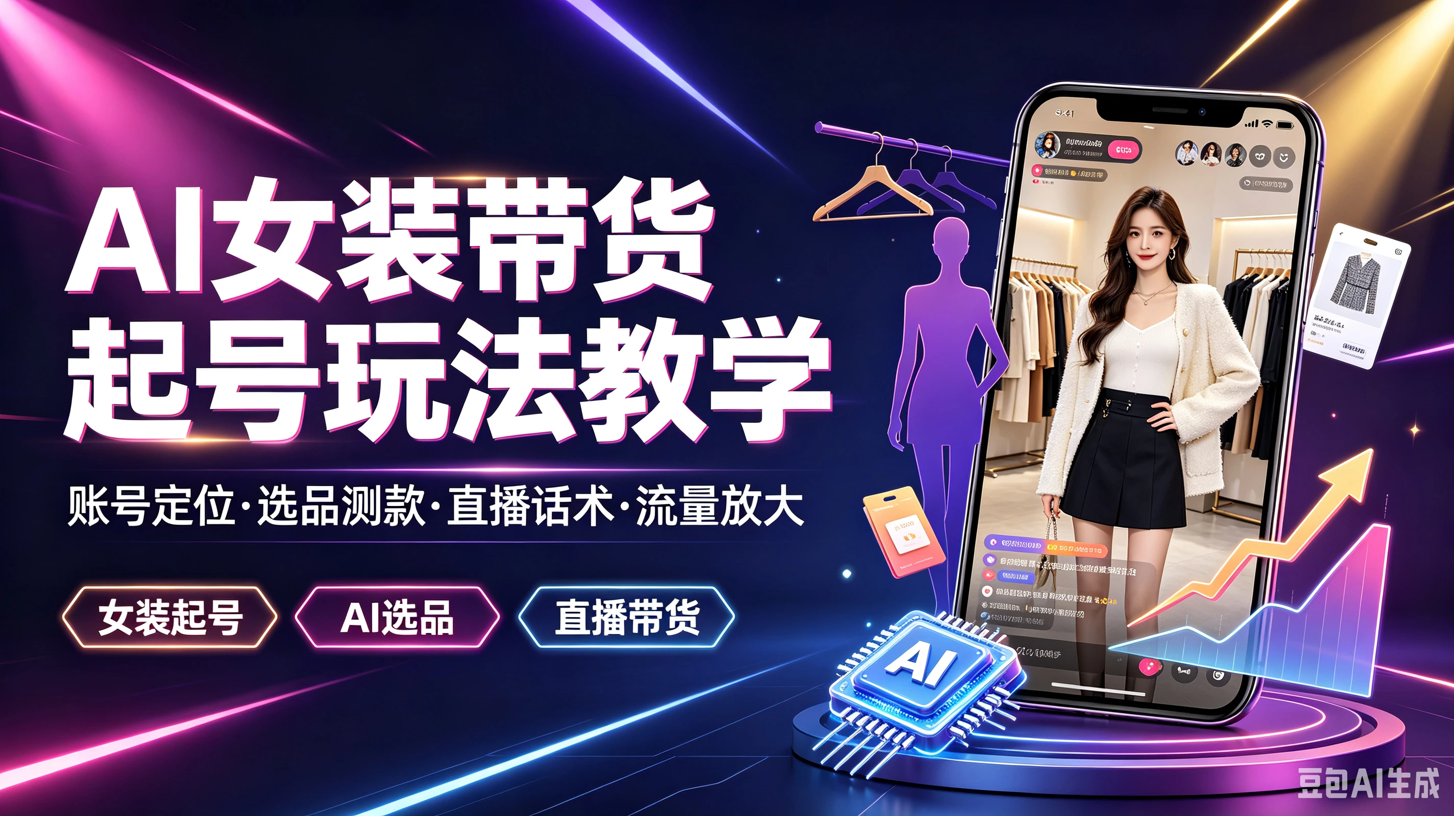 【精】AI女装带货起号玩法教学,帐号定位·选品测款·直播话术·流量放大,女装起号、Al选品、直播带货-副业吧