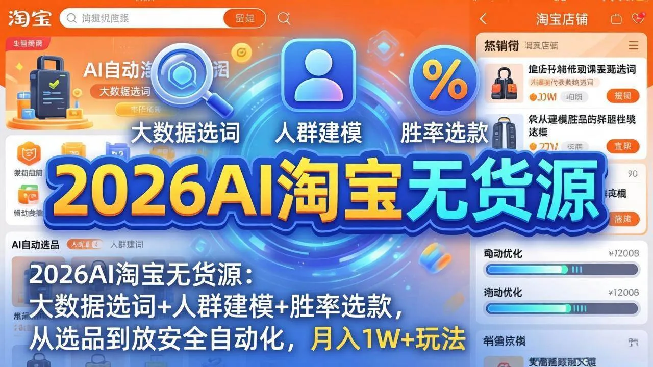 （18046期）2026AI淘宝无货源-4月更新：大数据选词+人群建模+胜率选款，从选品到放大全自动化，月入1W+玩法-副业吧