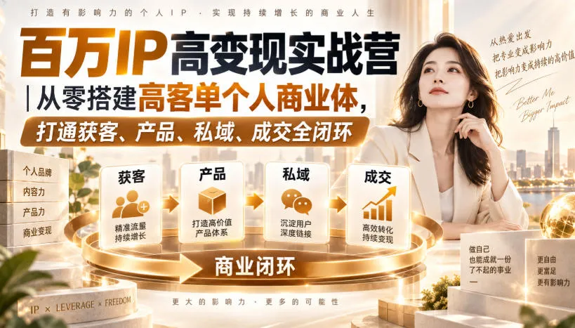 百万IP高变现实战营|从零搭建高客单个人商业体,打通获客、产品、私域、成交全闭环-副业吧