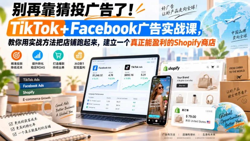 别再靠猜投广告了!TikTok+Facebook广告实战课,教你用实战方法把店铺跑起来,建立一个真正能盈利的Shopify商店【原创双语字幕】-副业吧
