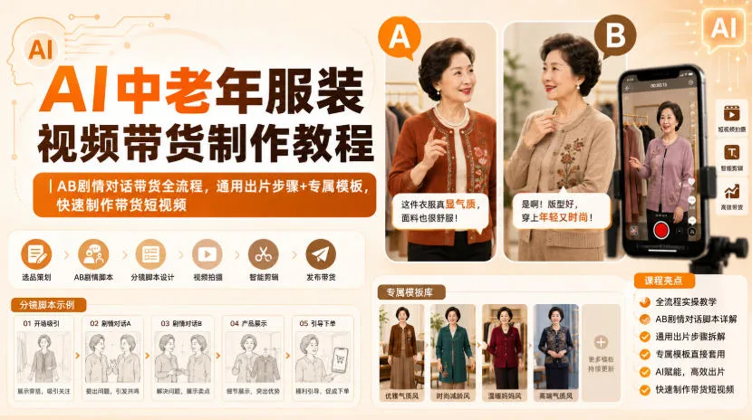 AI中老年服装视频带货制作教程｜AB剧情对话带货全流程，通用出片步骤+专属模板，快速制作带货短视频-副业吧
