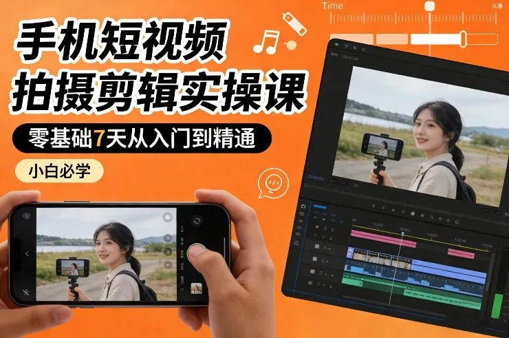 手机短视频拍摄剪辑实操课，零基础7天从入门到精通，小白必学-副业吧