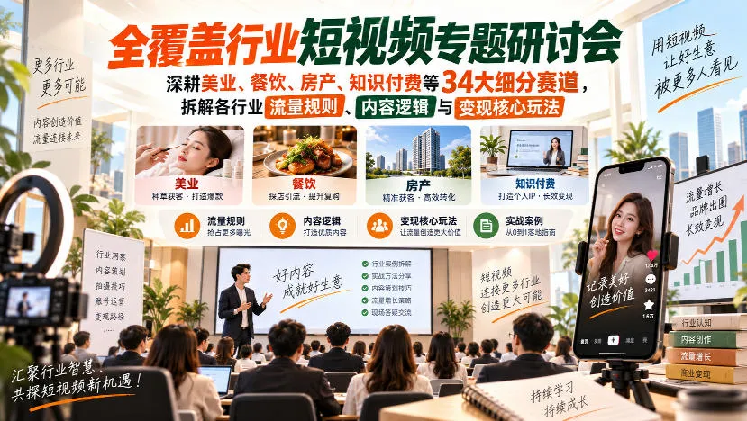 短视频专题研讨会,深耕美业、餐饮、房产、知识付费等34大细分赛道,拆解各行业流量规则、内容逻辑与变现核心玩法(更新1011)-副业吧