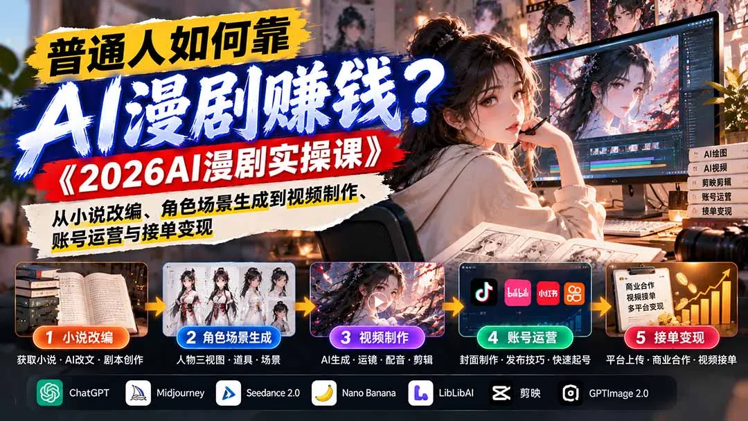 普通人如何靠AI漫剧赚钱?《2026AI漫剧实操课》从小说改编、角色场景生成到视频制作、账号运营与接单变现-副业吧