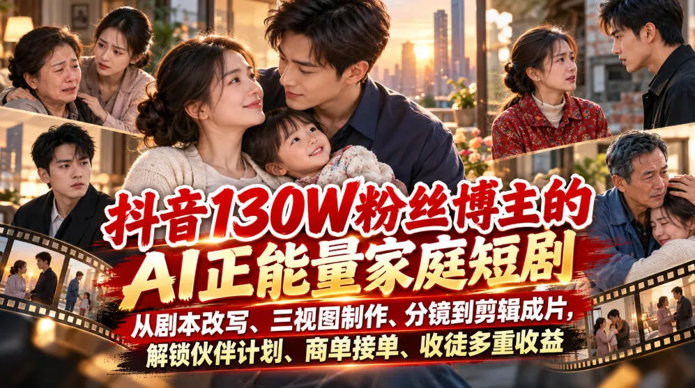 【精】抖音130W粉丝博主的AI正能量家庭短剧，从剧本改写、三视图制作、分镜到剪辑成片，解锁伙伴计划、商单接单、收徒多重收益-副业吧