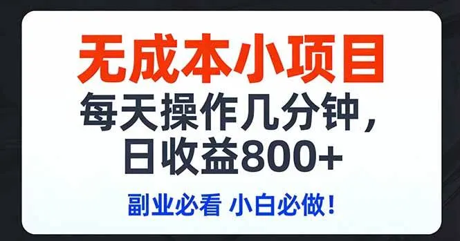 （17447期）无成本小项目,每天操作几分钟,日收益800+ 副业必看 小白必做！-副业吧
