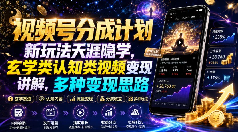 视频号分成计划新玩法天涯隐学，玄学类认知类视频变现讲解，多种变现思路-副业吧