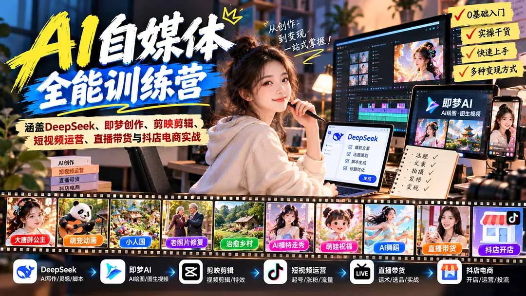 【无水印】AI+自媒体全能训练营：涵盖DeepSeek、即梦创作、剪映剪辑、短视频运营、直播带货与抖店电商实战-副业吧