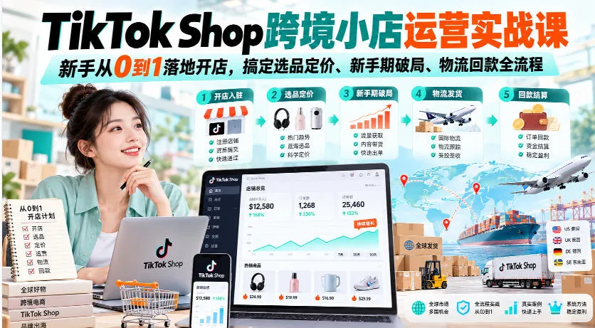 TikTok Shop跨境小店运营实战课,新手从0到1落地开店,搞定选品定价、新手期破局、物流回款全流程-副业吧