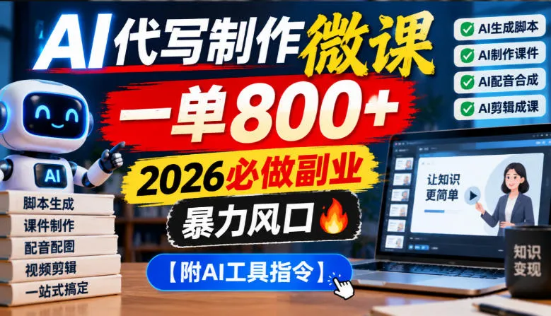 AI代写制作微课,一单800+,2026必做副业,暴力风口【附AI工具指令】【揭秘】-副业吧