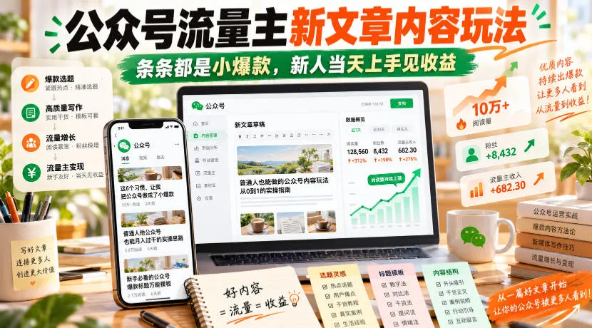 公众号流量主新文章内容玩法,条条都是小爆款,新人当天上手见收益-副业吧