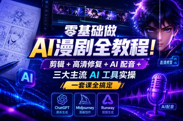 零基础做AI漫剧全教程!剪辑+高清修复+AI配音+三大主流AI工具实操,一套课全搞定-副业吧
