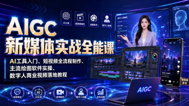 AIGC新媒体实战全能课｜AI工具入门、短视频全流程制作、主流绘图软件实操、数字人商业视频落地教程-副业吧