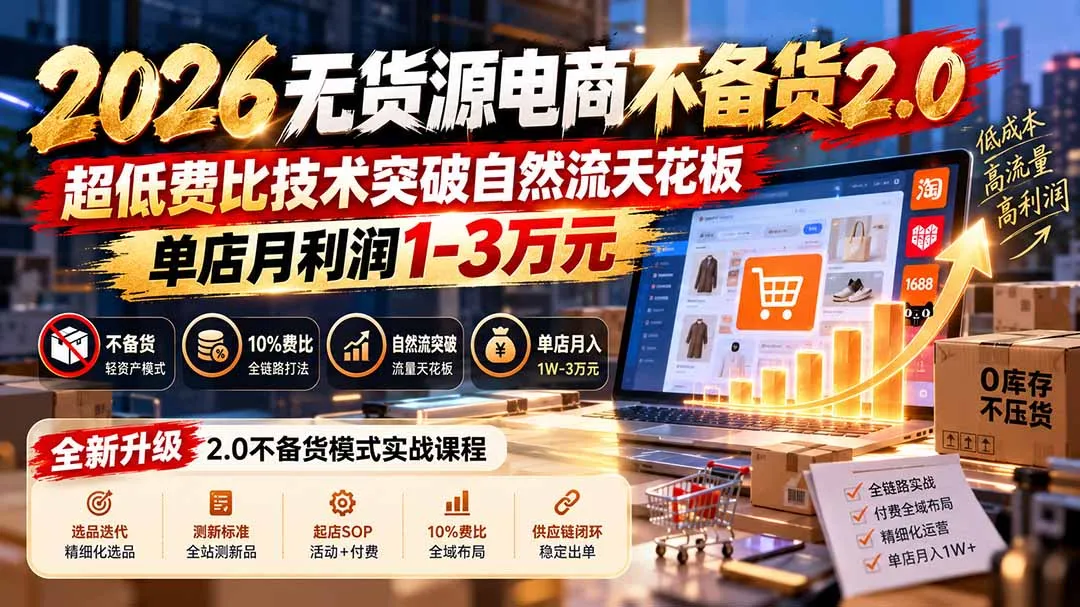 2026无货源电商不备货2.0【更新1010】:超低费比技术突破自然流天花板,单店月利润1-3万元-副业吧
