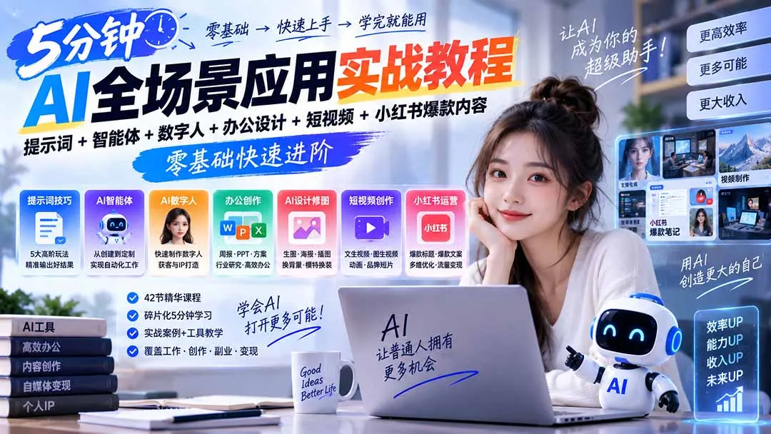 AI全场景应用实战教程｜提示词+智能体+数字人+办公设计+短视频+小红书爆款内容，零基础快速进阶-副业吧