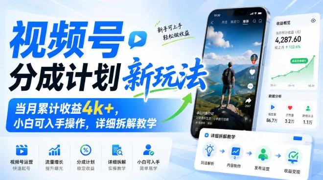 视频号分成计划新玩法,当月累计收益4k+,小白可入手操作,详细拆解教学-副业吧