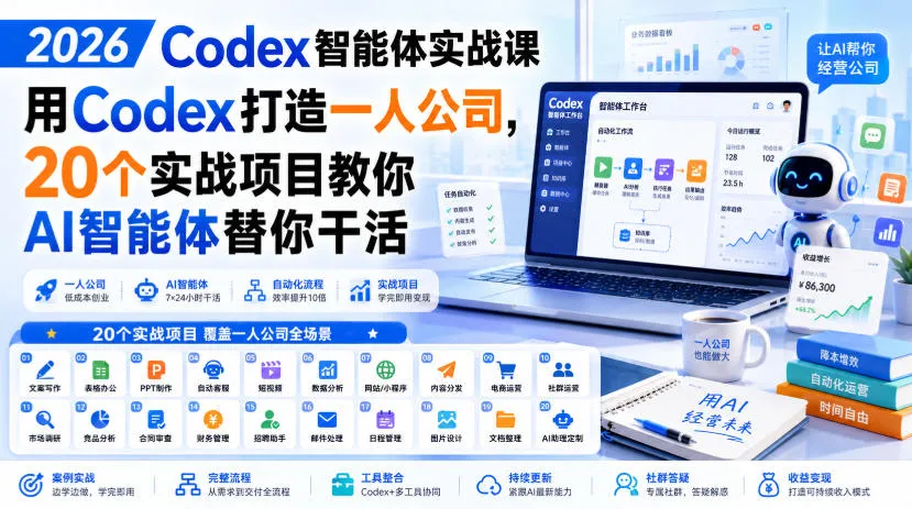 2026 Codex智能体实战课，用Codex打造一人公司，20个实战项目教你AI智能体替你干活-副业吧
