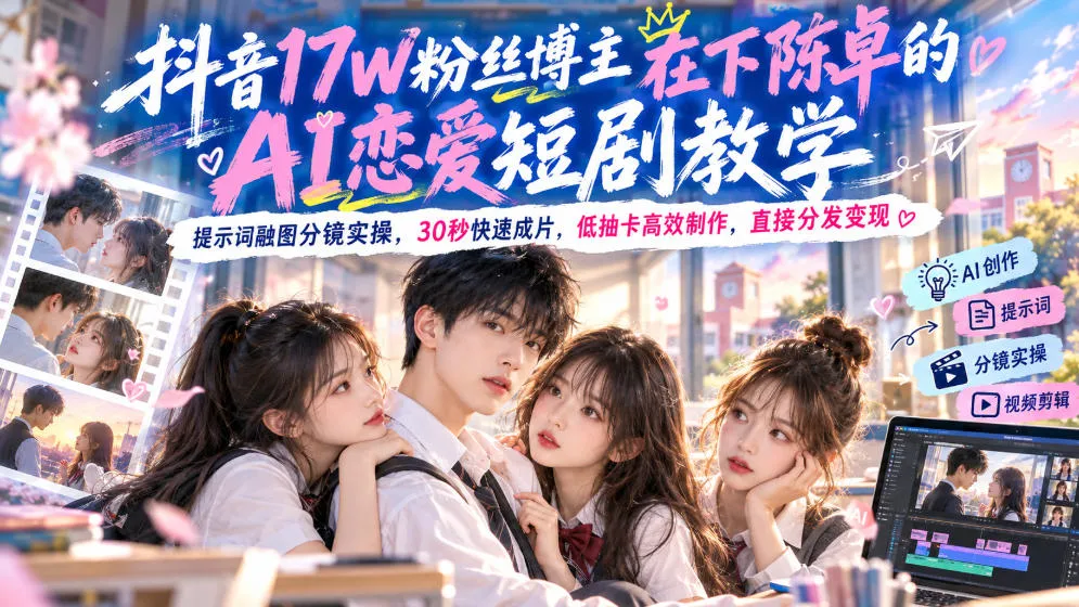 【精】抖音17W粉丝博主在下陈卓的AI恋爱短剧教学，提示词融图分镜实操，30秒快速成片，低抽卡高效制作，直接分发变现-副业吧