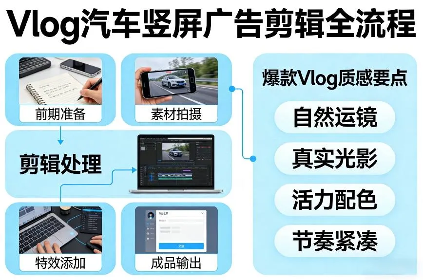 Vlog感觉汽车竖屏广告剪辑脚本全流程，拿捏爆款Vlog质感-副业吧