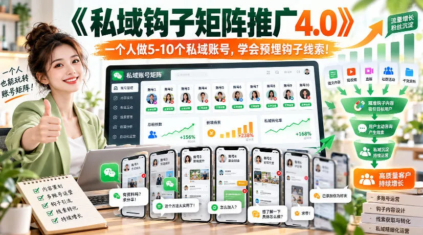 【无水印】《私域钩子矩阵推广4.0》一个人做5-10个私域账号,学会预埋钩子线索!-副业吧