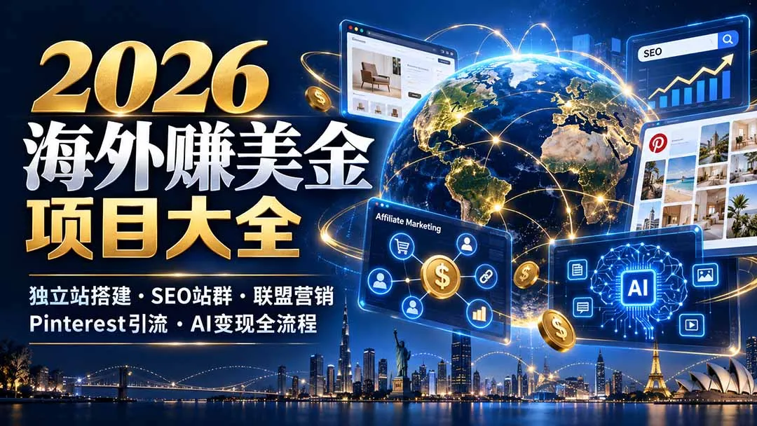 2026海外赚美金项目大全：独立站搭建、SEO站群、联盟营销、Pinterest引流与AI变现全流程-副业吧