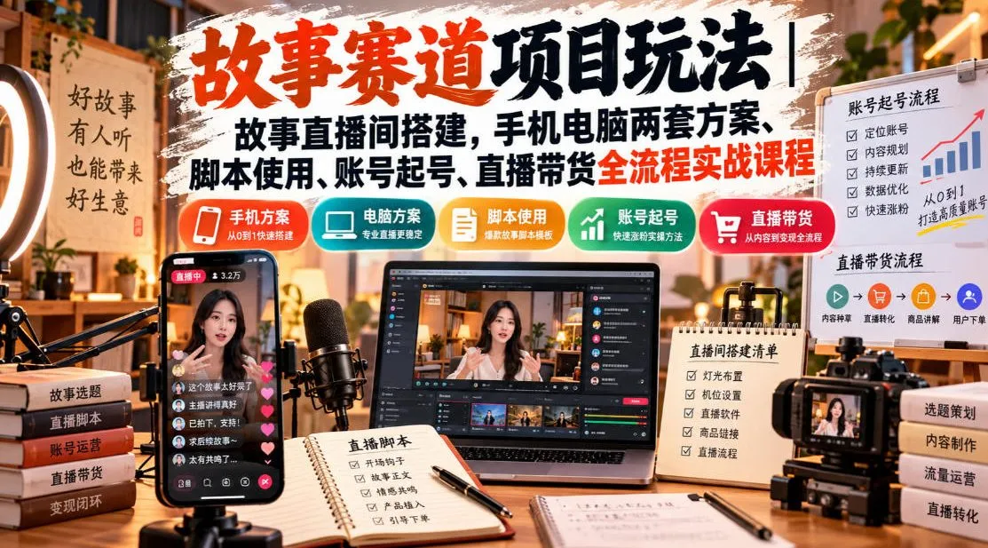 故事赛道项目玩法｜故事直播间搭建，手机电脑两套方案、脚本使用、账号起号、直播带货全流程实战课程-副业吧