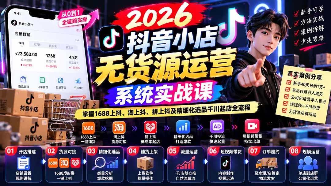 【无水印】2026抖音小店无货源运营系统实战课:掌握1688上抖、淘上抖、拼上抖及精细化选品千川起店全流程-副业吧